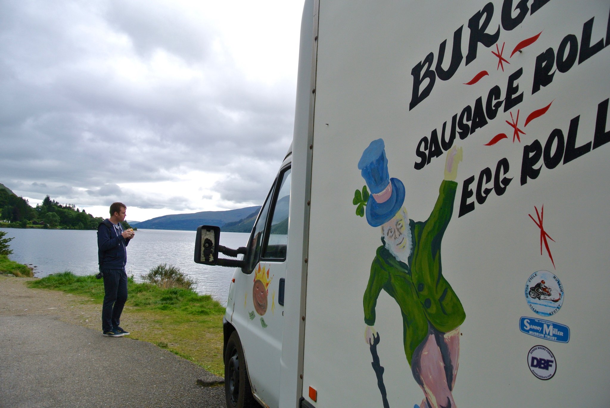 Stopping for lunch at the Burger Queen food truck on Loch Lochy